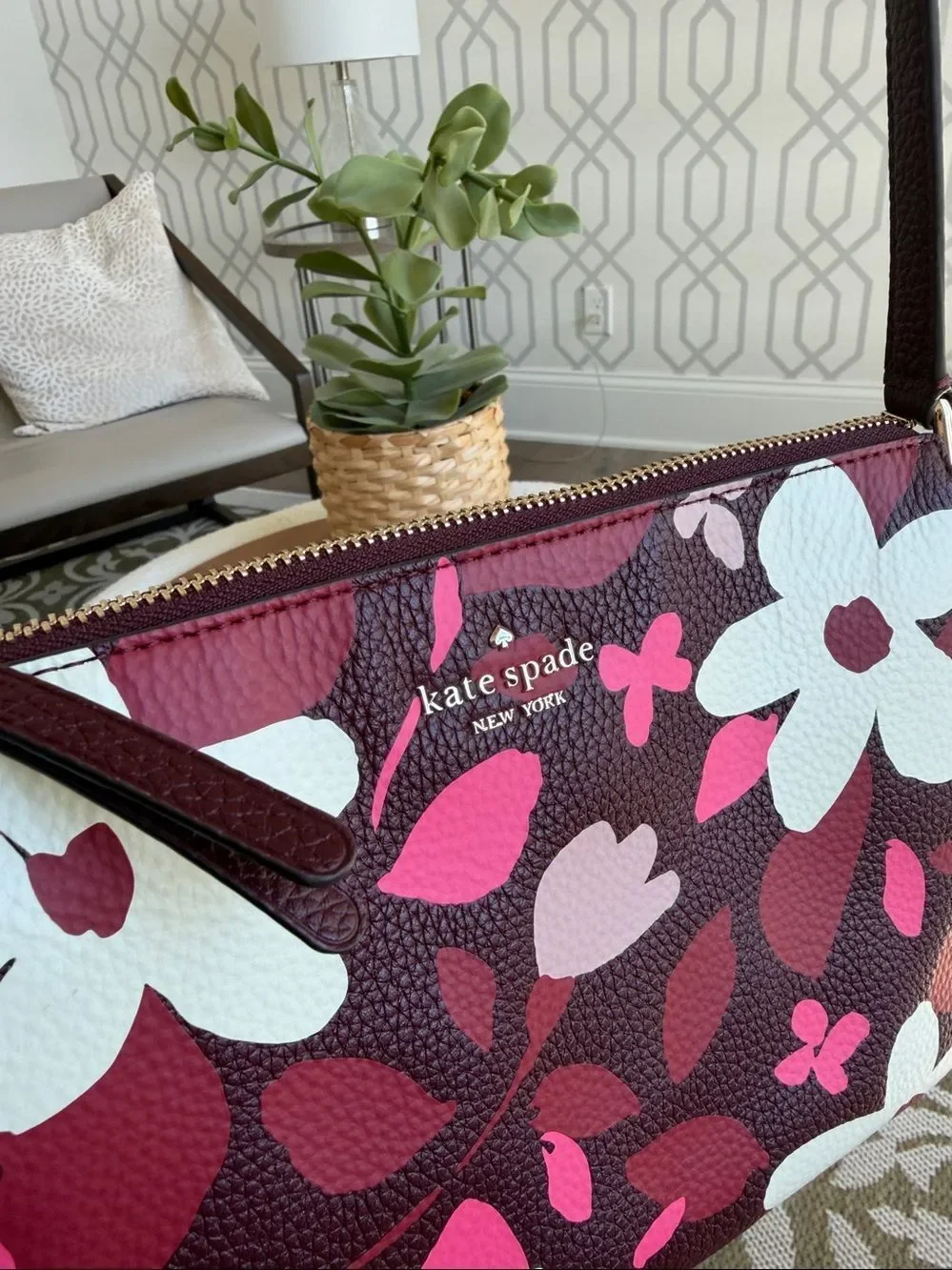 Kate Spade Floral Crossbody Purse Pink Burgundy Leather Like New